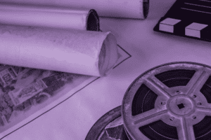 A purple image of film reel with blueprints to depict an APR Strategic Executive Producer Case Study